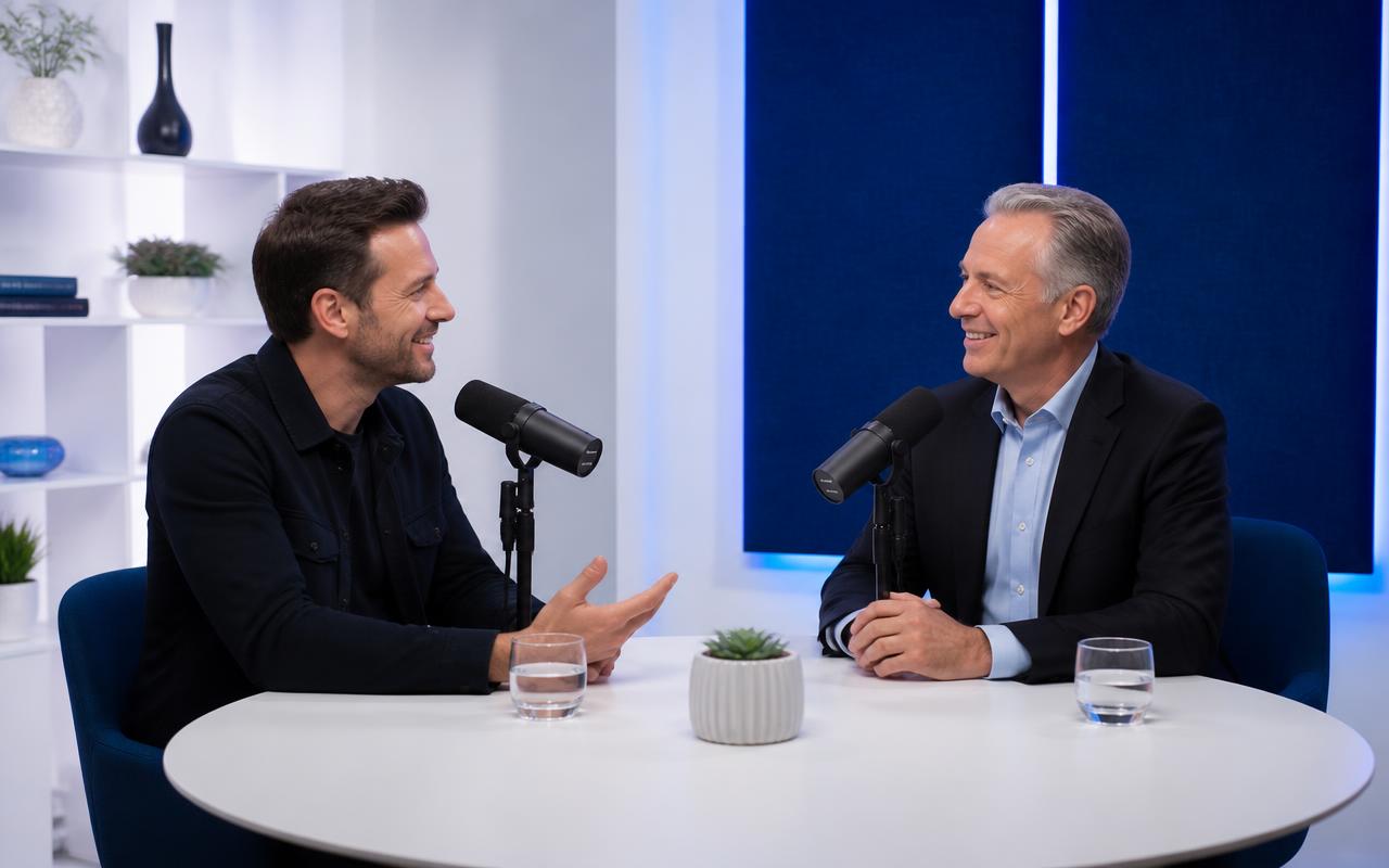 Host interviewing an executive guest on a podcast set