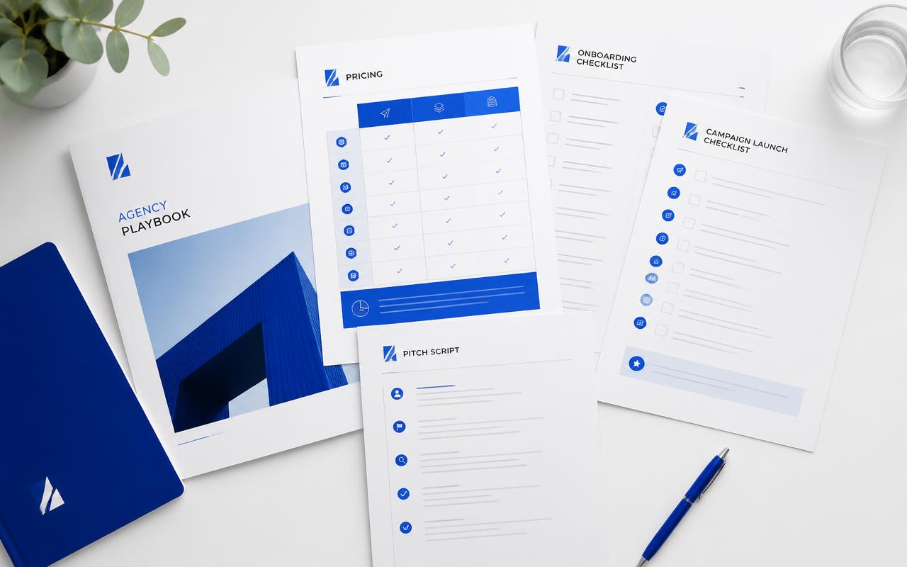 Printed agency playbook pages: pricing sheet, pitch script and onboarding checklist