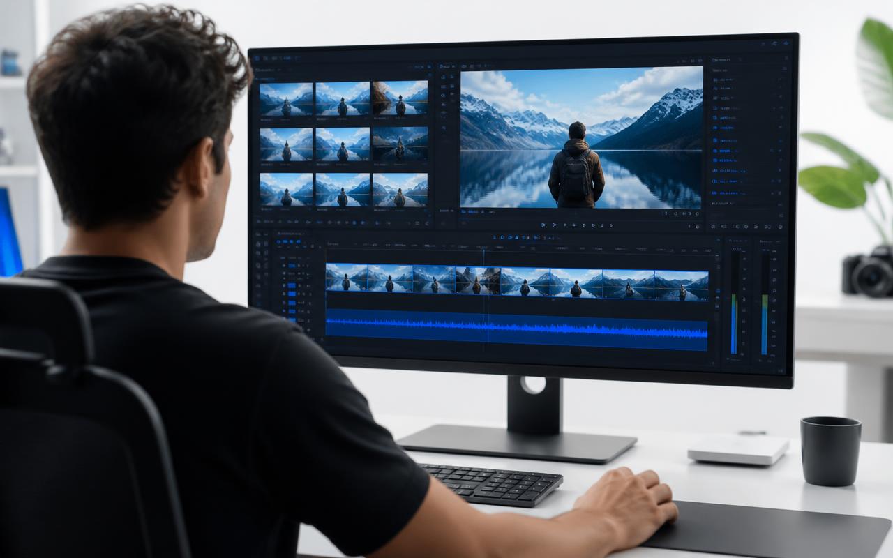 Producer reviewing a podcast edit timeline on a large monitor