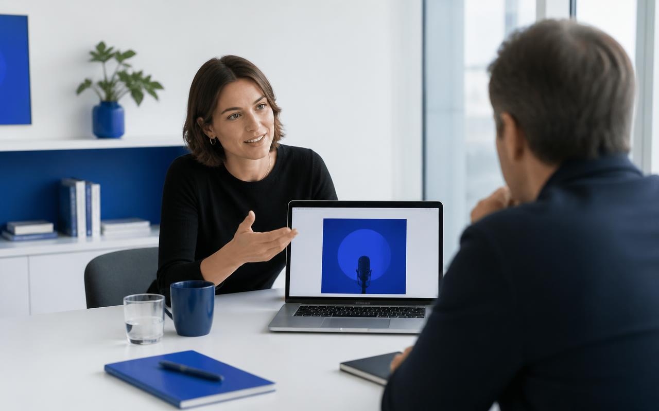Agency team presenting a branded podcast concept to a client