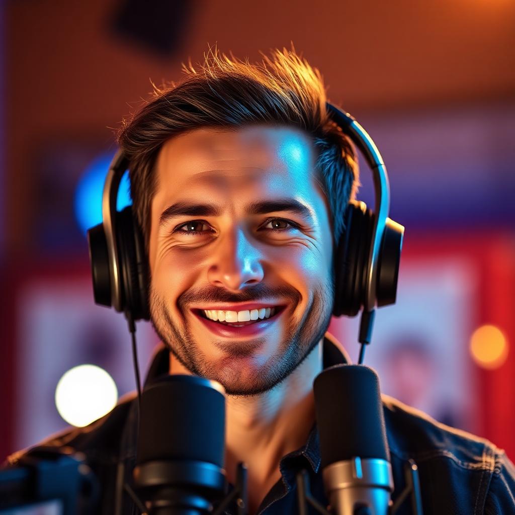 A podcast host at work