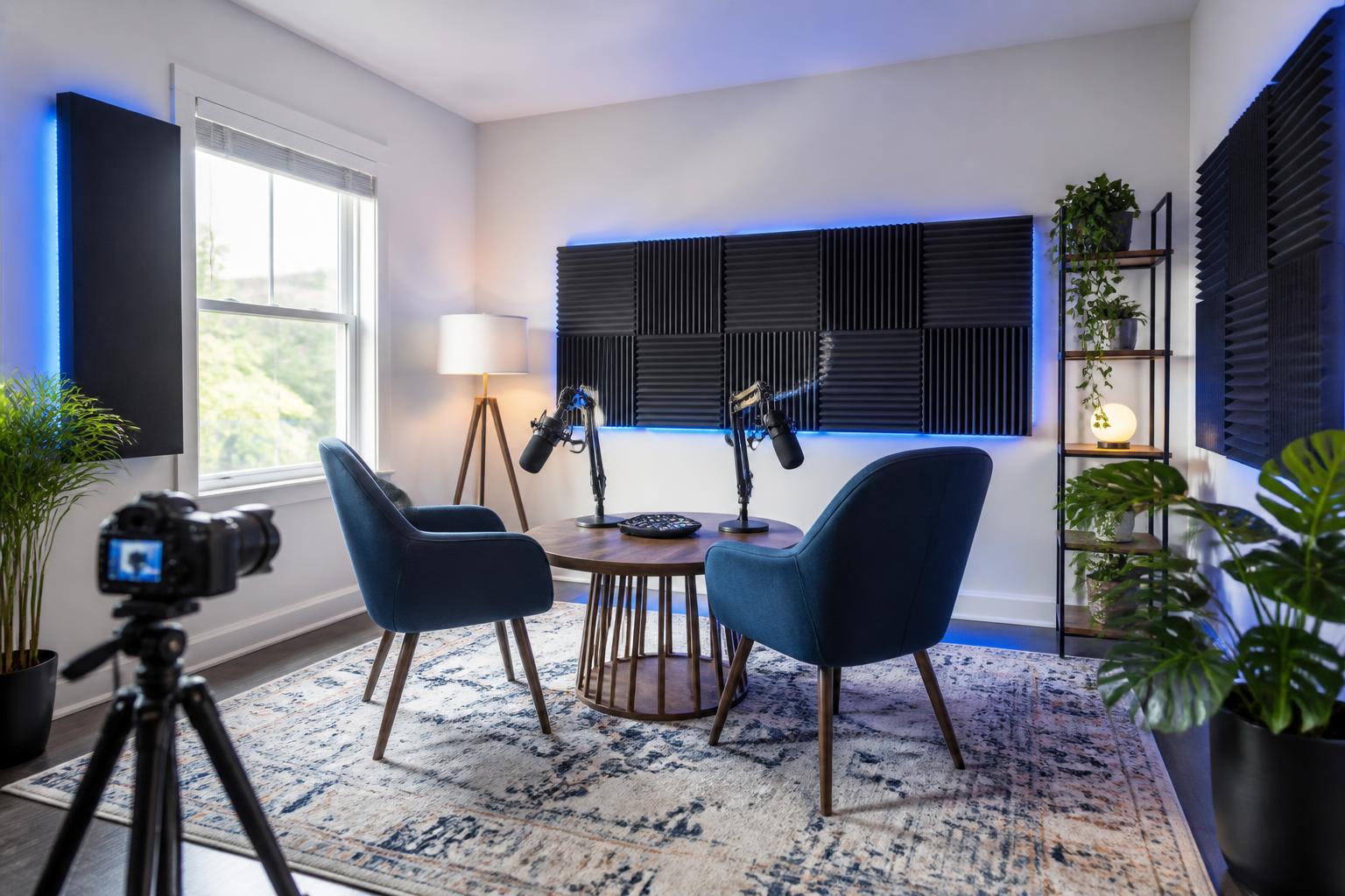 A spare room converted into a home podcast studio