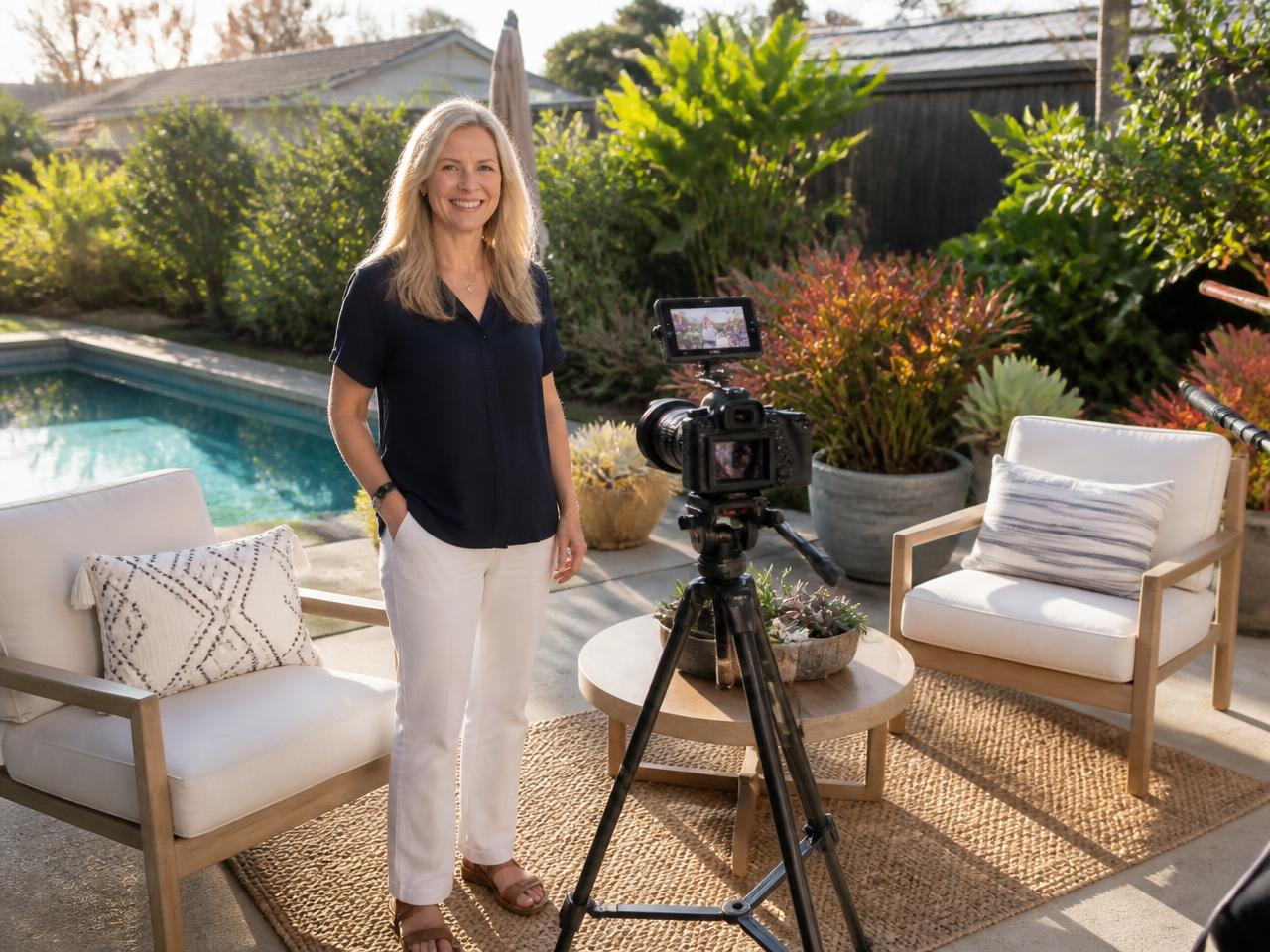 A host beside their poolside patio set up for a video interview
