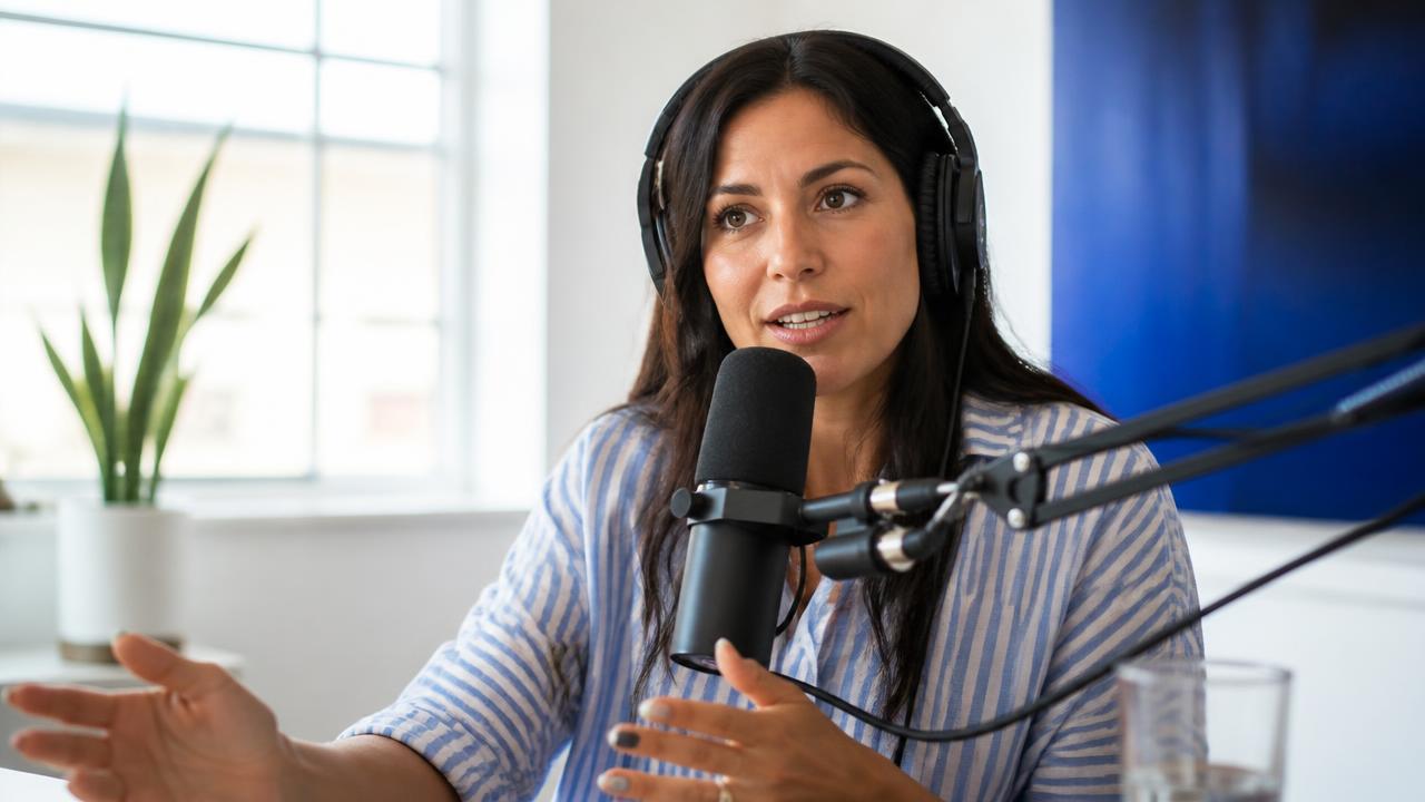 A host speaking into a studio microphone