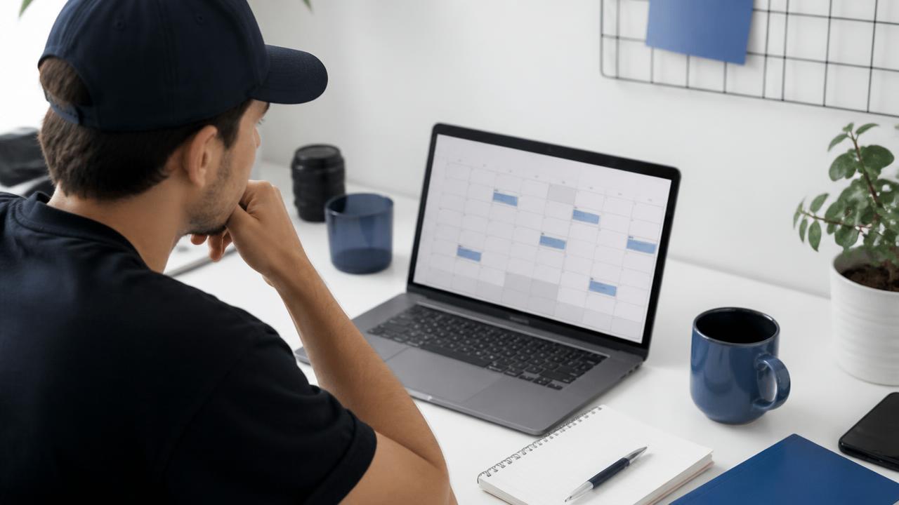An assistant producer reviewing a show calendar on a laptop